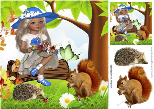 Dont you just love nature! girl sitting on a wooden log in turq hat with animals 8x8