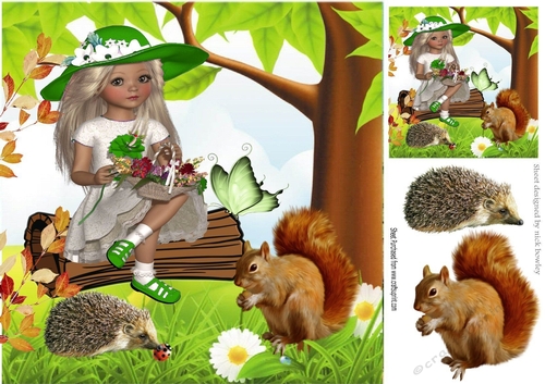 Dont you just love nature! girl sitting on a wooden log in green hat with animals 8x8