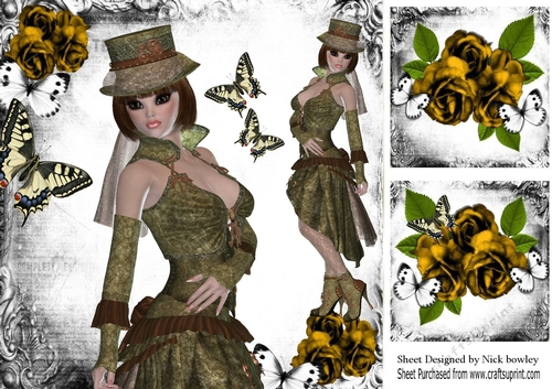 Lovely Steampunk Lady with butterflies and gold roses 8x8