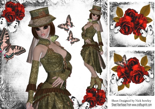 Lovely Steampunk Lady with butterflies and red roses 8x8