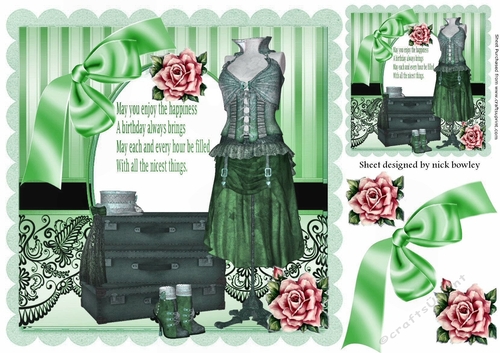 Lovely Steampunk Fashion in lace frame with roses & green bow 8x8