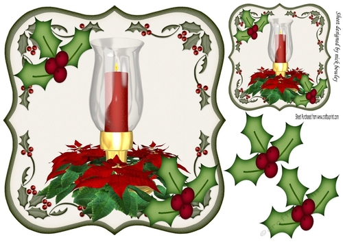 Christmas Candle with poinsettias in holly frame 8x8