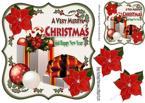 Christmas presents with baubles & poinsettias in holly frame 8x8