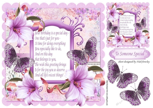 Pretty lilies with lilac glitter butterflies with verse 8x8