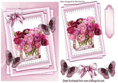 pretty shades of pink roses in glass vase  & butterflies stacker frame