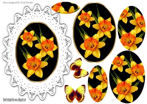 pretty yellow daffodils in lace & butterflies oval pyramids