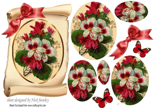 pretty fuchsia on a scroll with butterflies, and bow oval pyramids