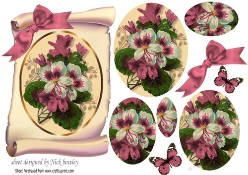 pretty pink fuchsia on a scroll with butterflies, and bow oval pyramids