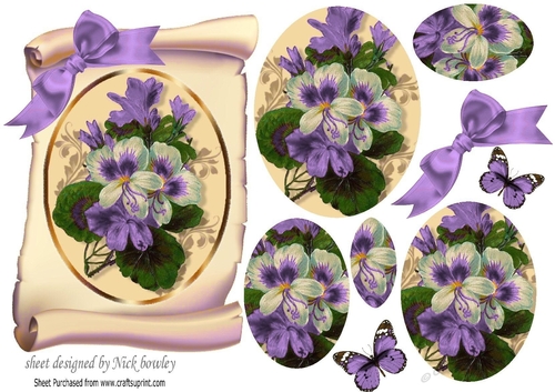 pretty lilac fuschia on a scroll with butterflies, and bow oval pyramids