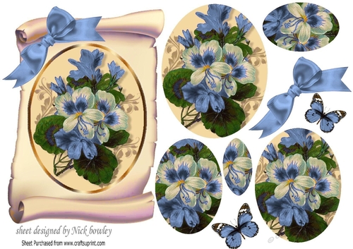 pretty blue fuschia on a scroll with butterflies, and bow oval pyramids