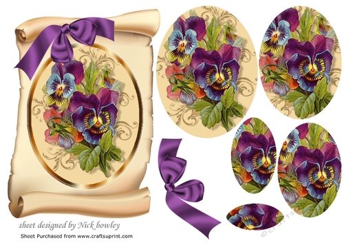 pretty shades of purple pansies on a scroll oval pyramids