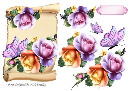 Beautiful roses with berries & purple butterflies on a scroll