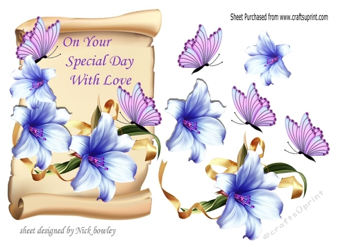 On your Special Day! pretty blue lilies with butterflies on a scroll