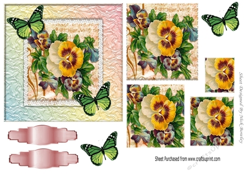 pretty yellow pansies with butterflies in ornate frame pyramids
