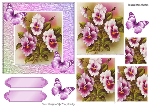 pretty lilac pansies with butterflies in ornate frame pyramids