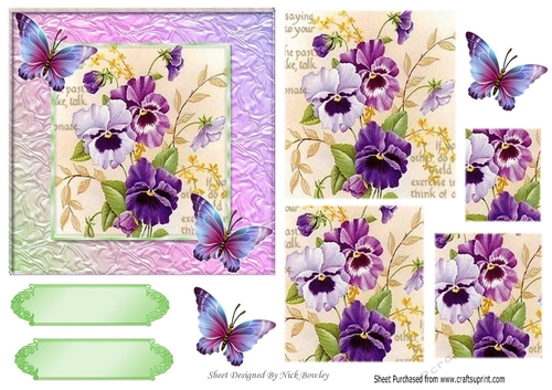 pretty purple pansies with butterflies in ornate frame pyramids