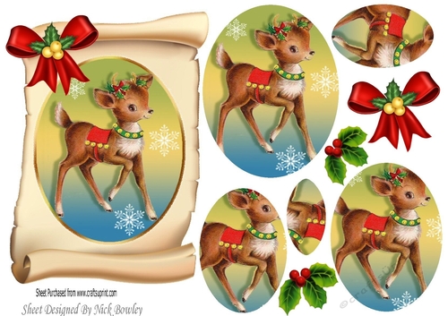 Cute little reindeer with bow and holly on a scroll oval pyramids