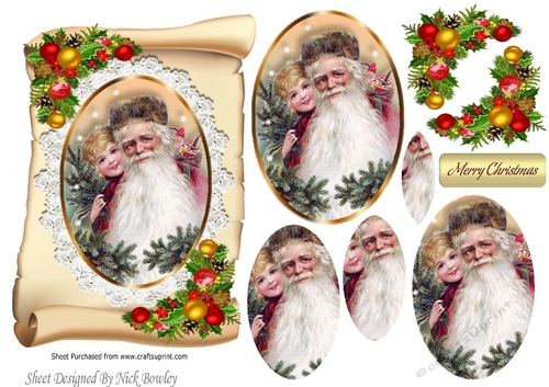 Lovely Vintage santa on lace with a scroll  oval pyramids