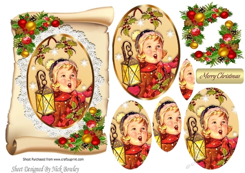 Lovely Vintage little girl singing carols on lace with a scroll  oval pyramids