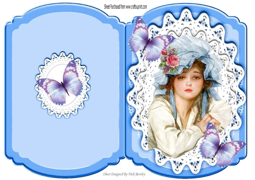 pretty in blue elegant lady with lilac butterflies bracket cut & fold A5
