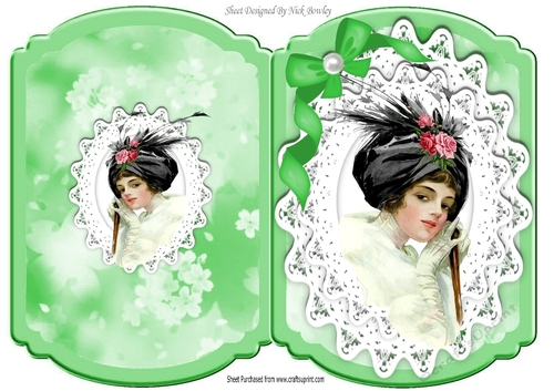 pretty in green elegant lady with green bow & pearl bracket cut & fold A5