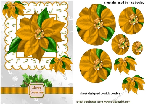 pretty gold poinsettias with bow & holly A5 oval pyramids