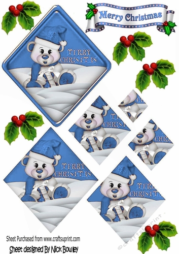 Little polar bear in blue santa hat diamond pyramids