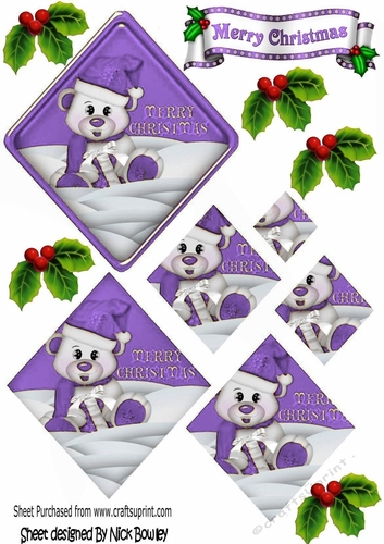 Little polar bear in purple santa hat diamond pyramids