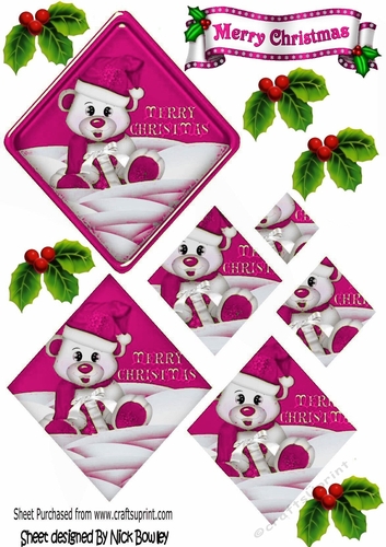 Little polar bear in cerise santa hat diamond pyramids