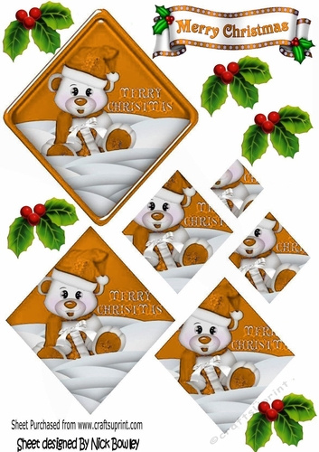 Little polar bear in orange santa hat diamond pyramids