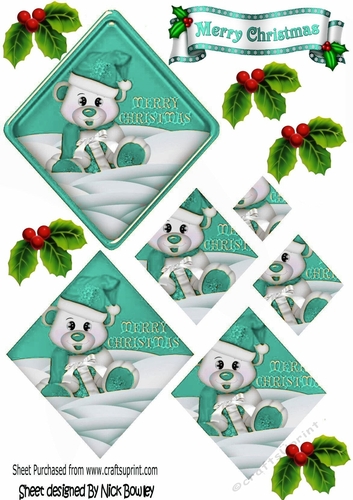 Little polar bear in turq santa hat diamond pyramids