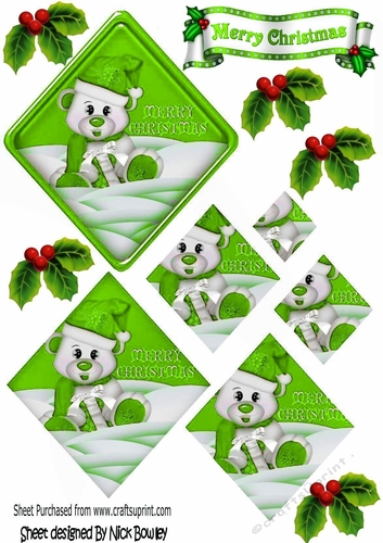 Little polar bear in lime green santa hat diamond pyramids