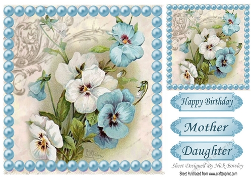 pretty blue & white pansies with blue pearls 8x8
