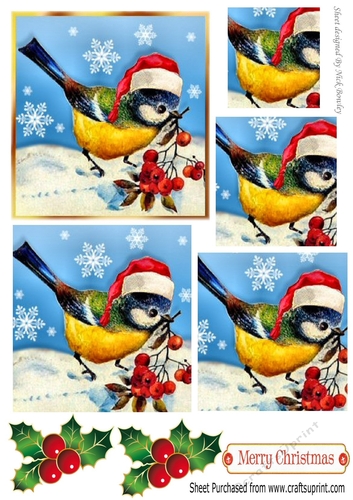 painted little bird in santa hat with holly pyramids