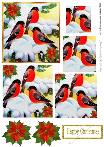 Lovely painted robins playing in the snow with poinsettias pyramids