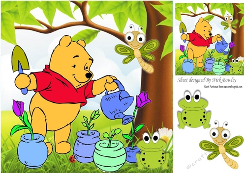 cute bear watering his flowers and little critters 8x8