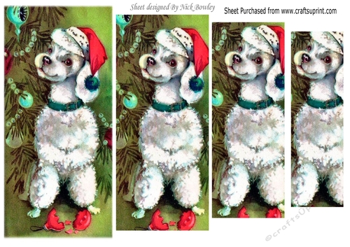 Cute white poodle in santa hat pyramids