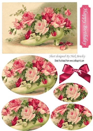Decorative vintage shoe with pink roses oval pyramids