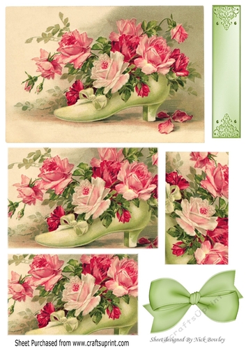Decorative vintage shoe with pink roses pyramids