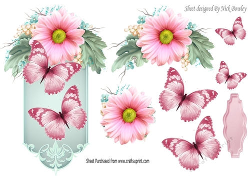 pretty pink flowers and butterflies on a plaque