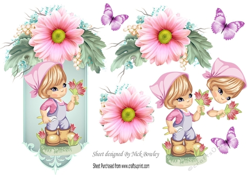 little flower girl gardening on a plaque with butterflies