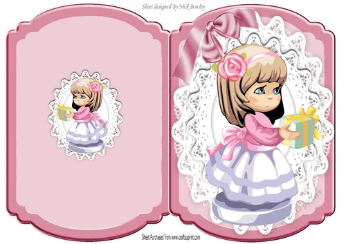 little girl  pretty in pink holding a present on lace Bracket card