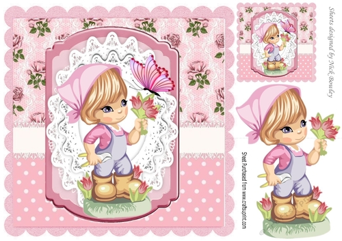 Little girl gardening with roses and butterfly 8x8