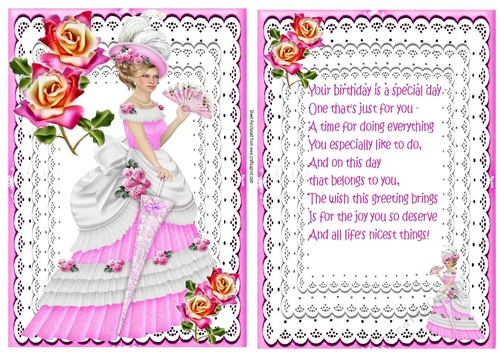 Pretty vintage lady on lace  in pink, with roses card front & insert