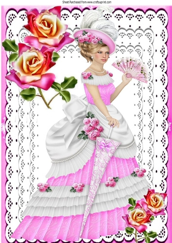 Pretty vintage lady on lace  in pink with roses, A4