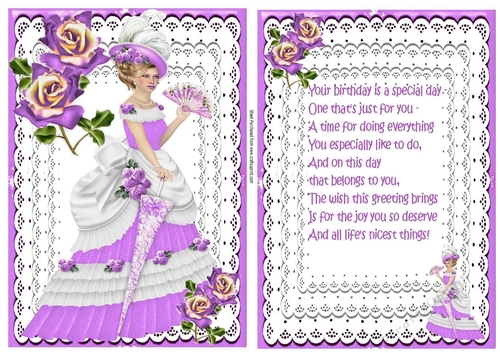 Pretty vintage lady on lace  in purple, card front & insert