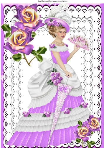 Pretty vintage lady on lace  in purple with roses, A4