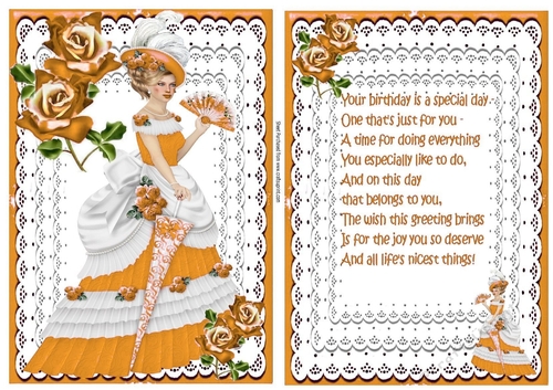 Pretty vintage lady on lace  in gold, card front & insert