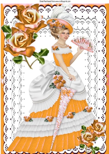 Pretty vintage lady on lace  in gold with roses, A4