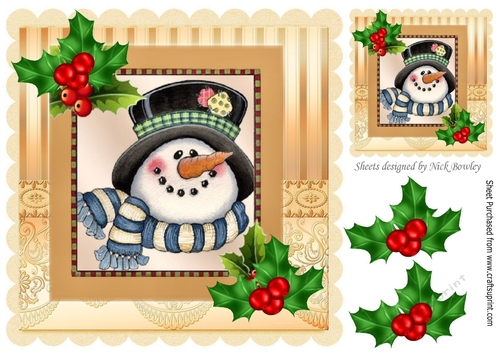 Jolly little snowman in his scarf with holly 8x8